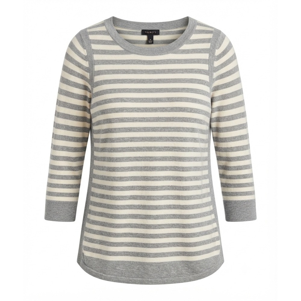 Talbots Womens Grey White Striped 3/4 Sleeve Knit Top Crew Neck Sz Sm A7-061